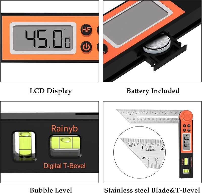 Rainyb Digital Angle Finder Protractor 0-360 Degree T-Bevel Gauge & Protractor with Horizontal Vertical Bubble & Full LCD Display for Woodworking, Metalworking, Construction（7-Inch X 2Pcs） - Image 3